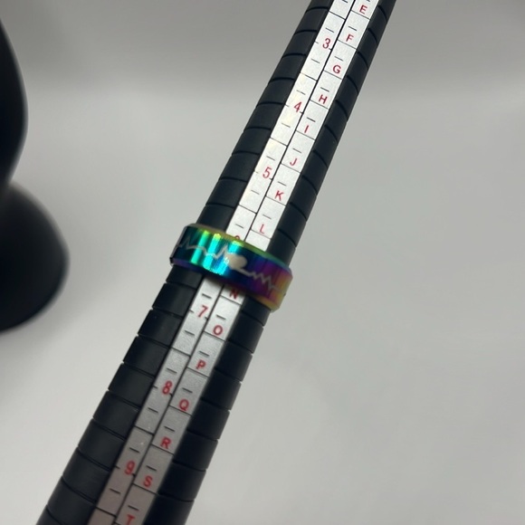 Heartline Etched Heart Pulse Rainbow Stainless Steel Ring Band - Picture 3 of 8